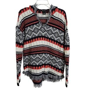 New Directions Aztec Fringe Knit Hoodie Sweater Women's Medium Blue Orange White